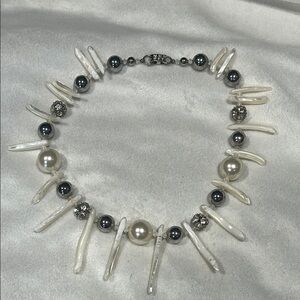 Vintage fresh water pearl silver crystal Elegant spike ball Necklace one size
